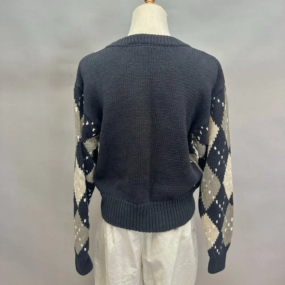 Vintage‎ Lizsport Argyle Sweater Women’s Small – Ramie Cotton Knit Oversized Fit